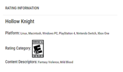 Hollow Knight ESRB Rating