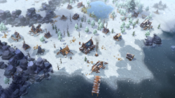 A snow covered village in Northgard