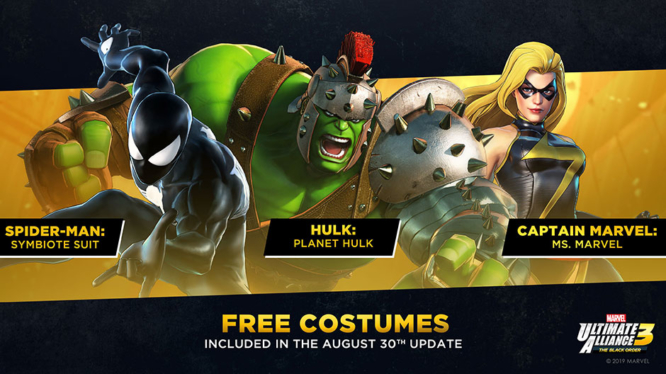 Marvel Ultimate Alliance Costumes for Hulk, Spiderman, and Captain Marvel