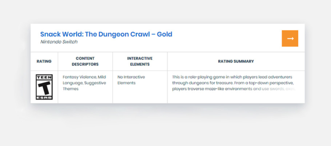 Snack World Dungeon Crawl Gold ESRB Rating