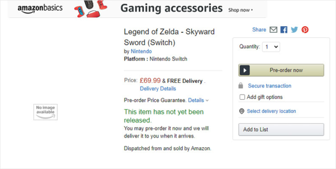 Skyward Sword product page, as seen on Amazon UK